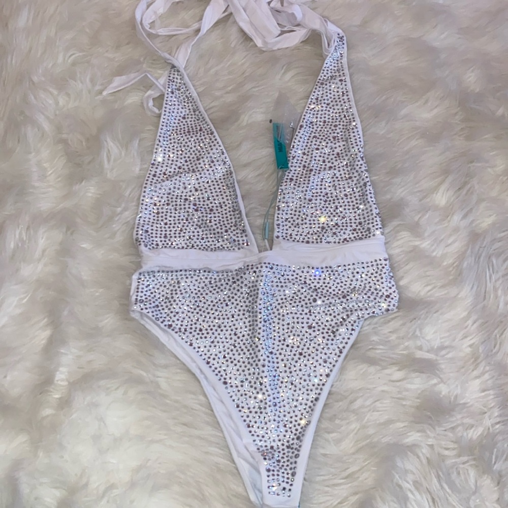 Fashion Nova White Bedazzled One Piece Bathing Suit